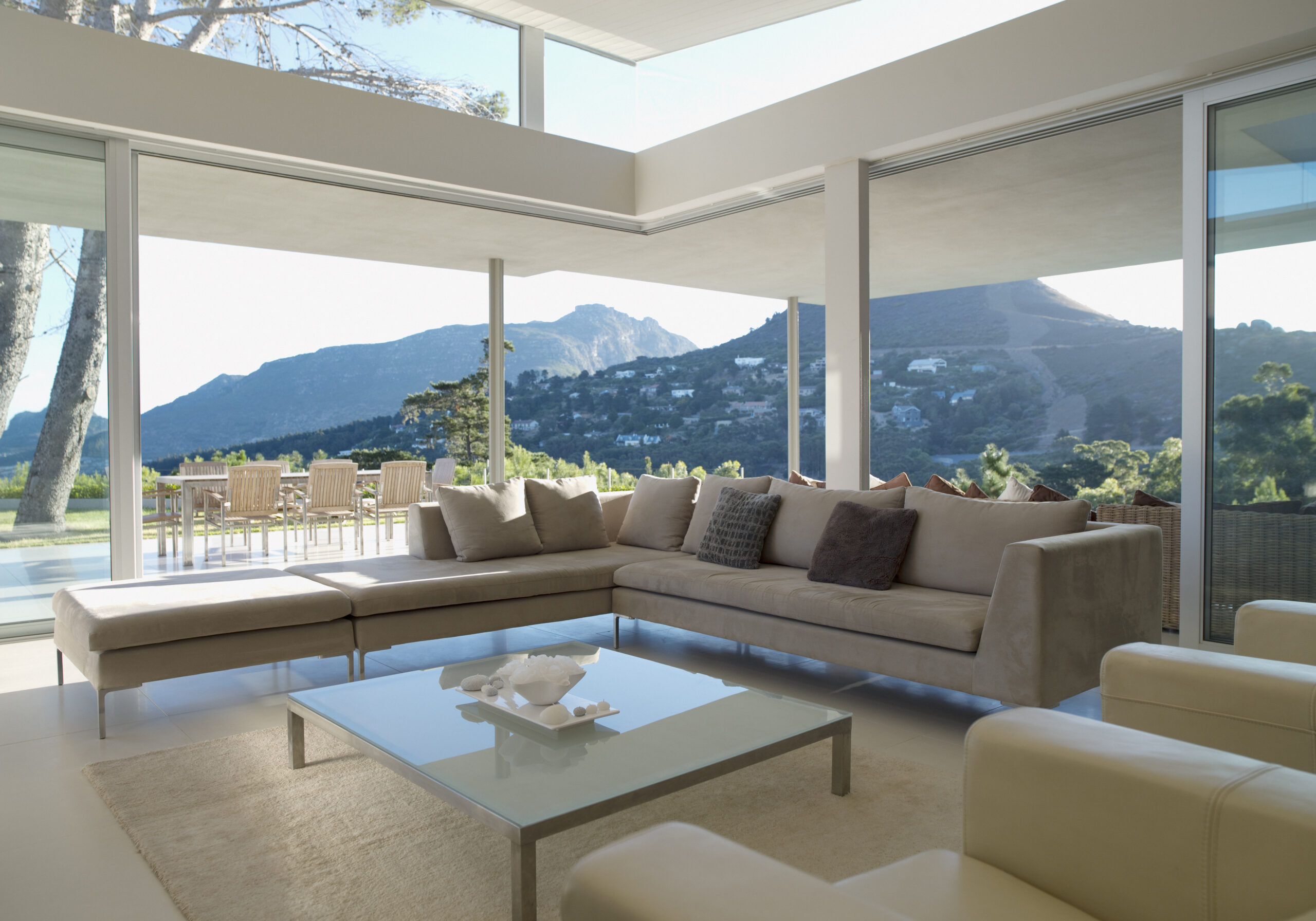 Modern living room with mountain view.
